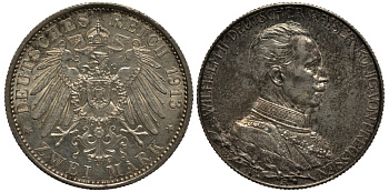 Пруссия 2 марки 1913 A, Вильгельм II (1888-1918), 25 лет правления (мундир) Weege 111, J. 111, KM 533 серебро 3711-833