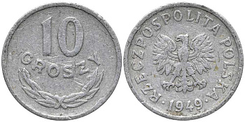 ПОЛЬША 10 ГРОШЕЙ 1949 KM 42а алюминий 116-613
