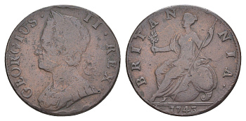 Великобритания, Мидлсекс 1/2 пенни 1743 Георг II (1727-1760) KM 579.1, Spink 3718	 медь 3711-411