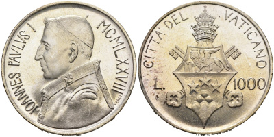 Ватикан 1000 лир 1978 папа Иоанн Павел I, в оригинальном картонном буклете, тираж 20000 экз. KM 142 серебро BUNC 3-4-8-81