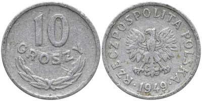 ПОЛЬША 10 ГРОШЕЙ 1949 KM 42а алюминий 116-613