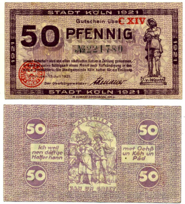 Кельн 50 пфеннигов 1921 13 июля 1921, нотгельд, серия С XIV, земля Северный Рейн-Вестфалия Grabowski К30.16с бумага 2195-12-3-1