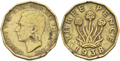 Великобритания 3 пенса 1938 Георг VI (1936-1952) KM 849, Spink 4112 никель латунь 4591-1035