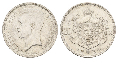 Бельгия 20 франков 1934 Der Belgen, Альберт I (1909-1934) KM 104 серебро 4675-813