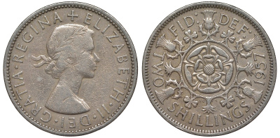Великобритания 2 шиллинга (флорин) 1957 Елизавета II (1952-2022) KM 906, Spink 4146 медно-никель 4123-924