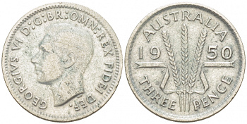Австралия 3 пенса 1950 m, Георг VI (1937-1952), без букв KM 44 серебро 3955-439