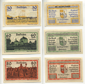 Австрия набор из 3 банкнот 1920 20 марта 1920-31 декабря 1920, нотгельд, 30, 60, 80 геллеров, DEELICHEN   бумага  aUNC  7555-5-4-2