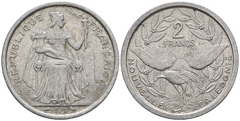 Французская Новая Каледония 2 франка 1973 птица кагу, (IEOM) KM 14, Schoen 11, Lec 57 алюминий    27-353