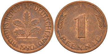 ФРГ 1 пфенниг 1990 G KM 105, J. 380 сталь плакированная медью    4598-661