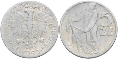 Польша 5 злотых 1959 MW, рыбак KM 47 алюминий 4542-945