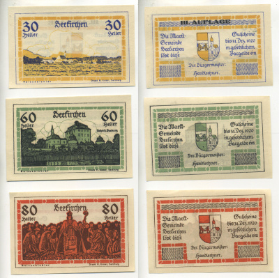 Австрия набор из 3 банкнот 1920 20 марта 1920-31 декабря 1920, нотгельд, 30, 60, 80 геллеров, DEELICHEN   бумага  aUNC  7555-5-4-2