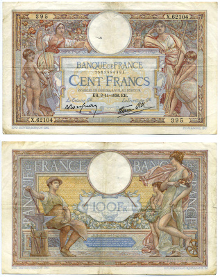 ФРАНЦИЯ 100 ФРАНКОВ 1938 3 НОЯБРЯ 1938 Pick 86b бумага 6287-48-2-1
