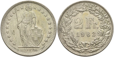 Швейцария 2 франка 1963 KM 21 серебро 4607-544
