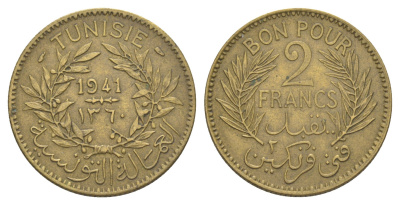 Тунис 2 франка 1941 KM 248 алюминиевая бронза 4179-555