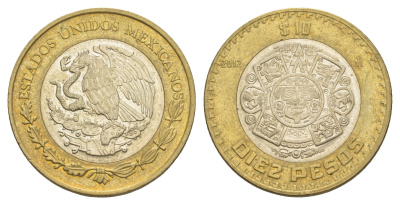 Мексика 10 песо 2012 Мо, бог Тонатиуха с огненной маской KM 616 биметалл aUNC 4637-731