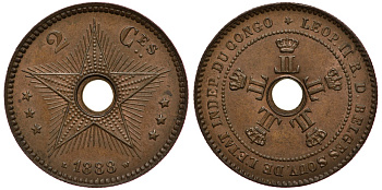 Бельгийское Конго 2 сантима 1888 KM 2 медь 3896-1013
