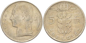 БЕЛЬГИЯ 5 ФРАНКОВ 1964 BELGIE, БОДУЭН I (1951-1993) KM 135.1 медно-никель 202-1155