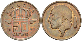 Бельгия 50 сантимов 1969 Belgie, Бодуэн I (1951-1993) KM 149.1 бронза 206-148