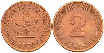 ФРГ 2 ПФЕННИГА 1976 J KM 106a, J.381a сталь плакированная сталь плакированная медьюю 4396-1567