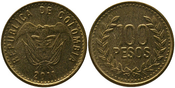 Колумбия 100 песо 2011 KM 285.2, Restrepo 445.12 латунь 4539-211