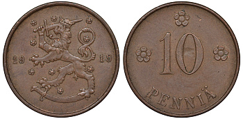 Финляндия 10 пенни 1919 KM 24 медь 45-914