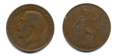 Великобритания 1 пенни 1920 Георг V (1910-1936) КМ 810, Spink 4051 бронза 47-332