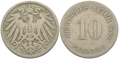 ГЕРМАНИЯ 10 ПФЕННИГОВ 1892 D KM 12, J. 13 медно-никель 4401-927