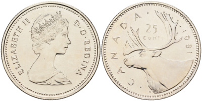 Канада 25 центов 1981 Елизавета II (1952-2022), олень KM 74 никель  UNC  4150-453