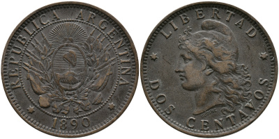 Аргентина 2 сентаво 1890 голова Свободы влево KM 8 бронза 4531-924