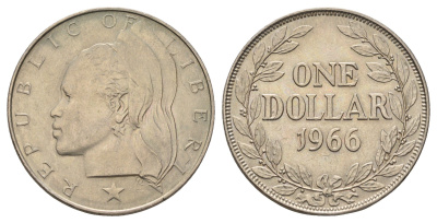 Либерия 1 доллар 1966 год-тип KM 18a.1 медно-никель aUNC 1515-542