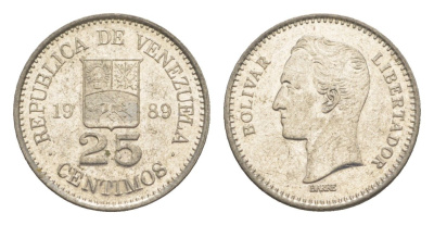 Венесуэла 25 сентимо 1989 Симон Боливар Y 50a сталь плакированная никелем 4580-853