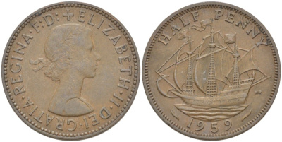 Великобритания 1/2 пенни 1959 Елизавета II (1952-2022) KM 896, Spink 4158 бронза 4544-123