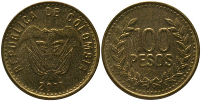 Колумбия 100 песо 2011 KM 285.2, Restrepo 445.12 латунь 4539-211