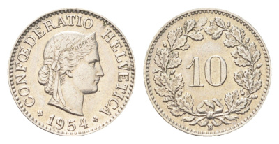 Швейцария 10 раппенов 1954 B KM 27 медно-никель 4708-167