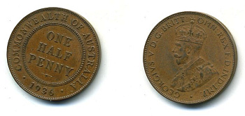 АВСТРАЛИЯ 1/2 ПЕННИ 1936 ГЕОРГ V KM 22 бронза 7-5-25-11