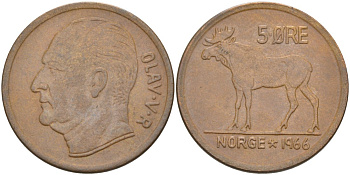 Норвегия 5 эре 1966 ОЛАВ V KM 405 бронза 4551-114