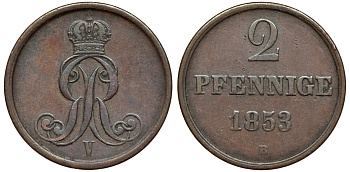 Брауншвейг-Каленберг-Ганновер 2 пфеннига 1853 B, Георг V (1851-1866) KM 217,aKS 152, J. 84 медь 4142-233