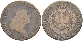 Польша, Южная Пруссия 1 грош 1797 Е, Фридрих Вильгельм II Прусский (1786-1797), монетный двор, вес 3,75 гр KM 3 медь 1517-835