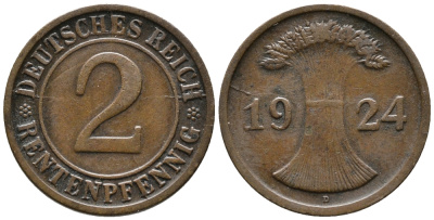 ГЕРМАНИЯ 2 РЕНТЕНПФЕННИГА 1924 D KM 31, J. 307 бронза 24-451