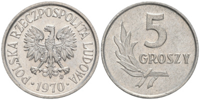 Польша 5 грошей 1970 MW  KM A46, Parchimowicz 204j алюминий XF-UNC 192-165