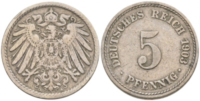 ГЕРМАНИЯ 5 ПФЕННИГОВ 1903 A, KM 11, J. 12 медно-никель 73-1737