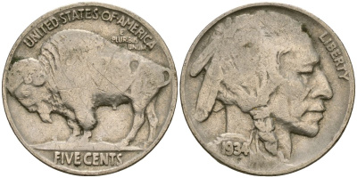 США 5 центов 1934 индеец, бизон KM 134 медно-никель 4525-1036