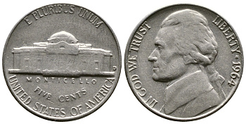 США 5 центов 1964 D, Джефферсон KM А192 медно-никель 08-914