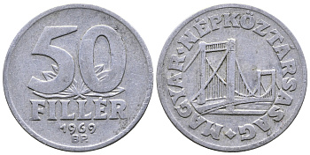 Венгрия 50 филлеров 1969 BP мост Елизаветы в Будапеште KM 574 алюминий 25-2433