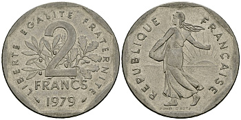 Франция 2 франка 1979 сеятель KM 942.1 никель 4120-415