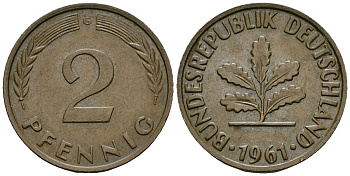 ФРГ 2 пфеннига 1961 G KM 106 бронза 4173-1138