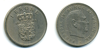ДАНИЯ 1 КРОНА 1962 C; S, ФРЕДЕРИК IX (1947-1972) KM 851.1 медно-никель 56-325