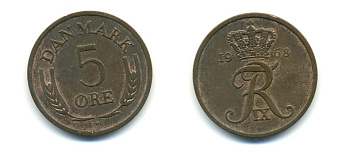 ДАНИЯ 5 ЭРЕ 1968 C; S, ФРЕДЕРИК IX (1947-1972) KM 848.1 бронза 80-337