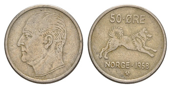 Норвегия 50 эре 1958 Улаф V (1957-1991) KM 408 медно-никель 4635-423