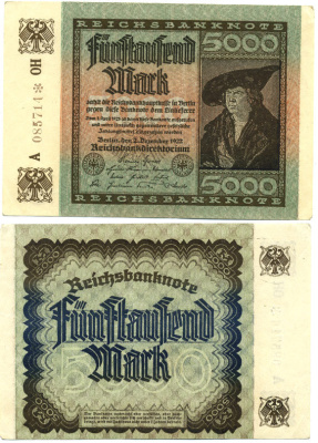 ГЕРМАНИЯ 5000 МАРОК 1922 2 ДЕКАБРЯ 1922, ВОДЯНОЙ ЗНАК G, ДЮРЕР Pick 81b бумага 7147-28-2